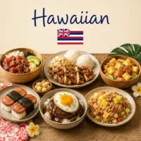 Hawaiian Cuisine with poke kalua pork tropical fruits and island specialties on a rustic wooden table with a Hawaiian flag