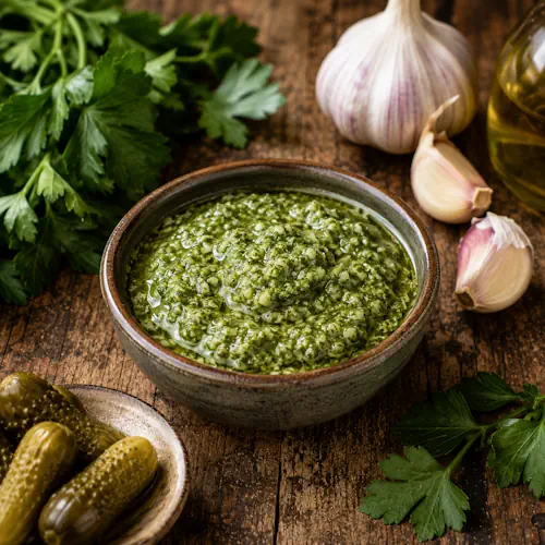 Garden Herb Picada made with fresh parsley, garlic, pickles, and olive oil served in a rustic bowl.