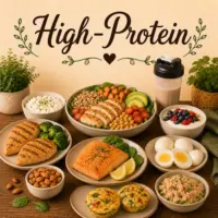High-Protein Recipes with nutritious meals, healthy snacks, protein-rich dishes and balanced family dinners on a rustic wooden table