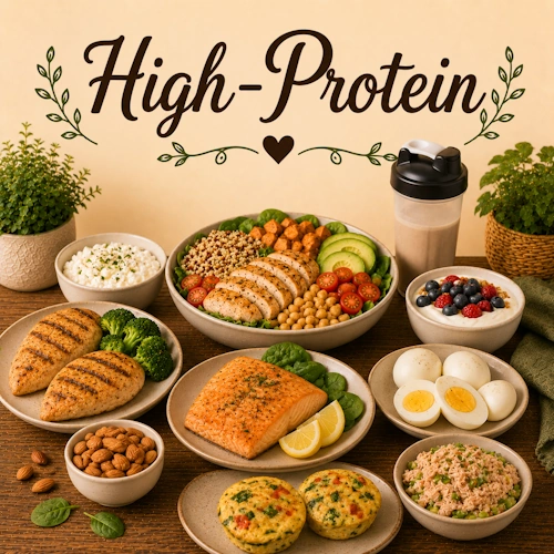 High-Protein Recipes with nutritious meals, healthy snacks, protein-rich dishes and balanced family dinners on a rustic wooden table