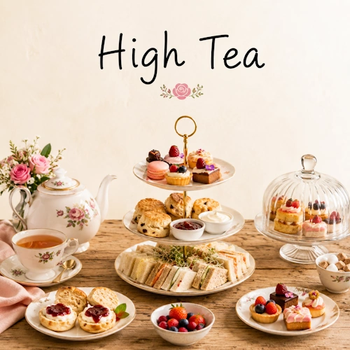 High Tea Recipes with elegant sandwiches, homemade pastries, sweet treats and afternoon tea favorites on a rustic wooden table