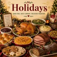Holiday Recipes with festive meals seasonal desserts party foods and celebration dishes on a rustic wooden table