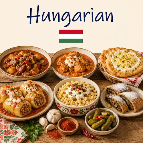 Hungarian Cuisine with goulash paprikash hearty stews and traditional Hungarian dishes on a rustic wooden table with a Hungarian flag
