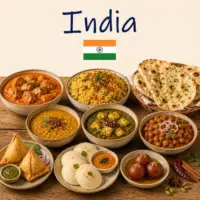 Indian Cuisine with curries biryani naan bread and traditional Indian dishes on a rustic wooden table with an Indian flag