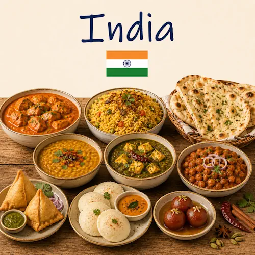 Indian Cuisine with curries biryani naan bread and traditional Indian dishes on a rustic wooden table with an Indian flag