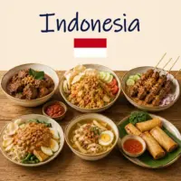 Indonesian Cuisine with nasi goreng satay rendang and traditional Indonesian dishes on a rustic wooden table with an Indonesian flag