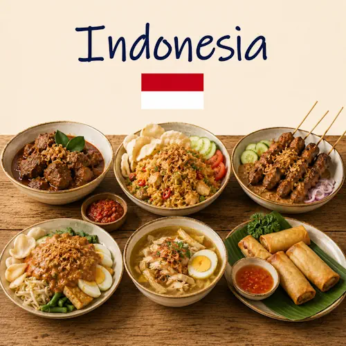 Indonesian Cuisine with nasi goreng satay rendang and traditional Indonesian dishes on a rustic wooden table with an Indonesian flag