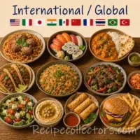 International Recipes featuring Global Cuisine and traditional dishes from around the world on a rustic wooden table