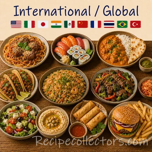 International Recipes featuring Global Cuisine and traditional dishes from around the world on a rustic wooden table