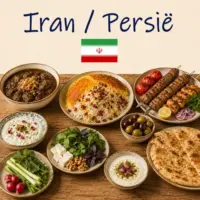 Persian Cuisine with saffron rice kebabs traditional stews and authentic Iranian dishes on a rustic wooden table with an Iranian flag