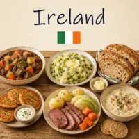 Irish Cuisine with Irish stew soda bread seafood specialties and traditional Irish dishes on a rustic wooden table with an Irish flag
