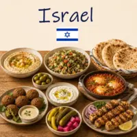 Israeli Cuisine with falafel hummus shakshuka and traditional Israeli dishes on a rustic wooden table with an Israeli flag