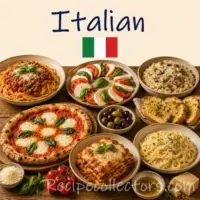 Italian Recipes with pasta pizza and traditional Italian dishes on a rustic wooden table with an Italian flag