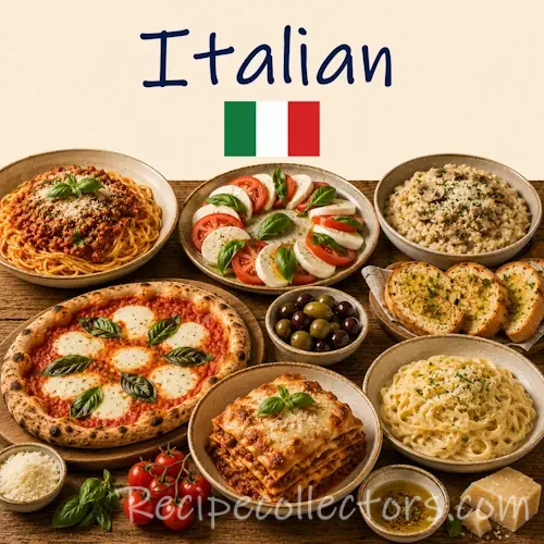 Italian Recipes with pasta pizza and traditional Italian dishes on a rustic wooden table with an Italian flag