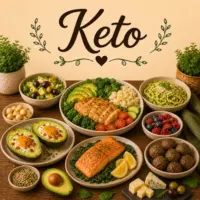 Keto Recipes with low-carb meals healthy snacks keto desserts and protein-rich dishes on a rustic wooden table