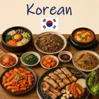 Korean Cuisine with kimchi bulgogi bibimbap and traditional Korean dishes on a rustic wooden table with a Korean flag