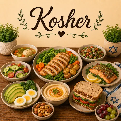 Kosher Recipes with traditional Jewish dishes family favorites holiday meals and kosher cuisine on a rustic wooden table