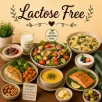 Lactose Free Recipes with healthy meals dairy alternatives fresh ingredients and lactose-free dishes on a rustic wooden table