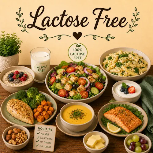 Lactose Free Recipes with healthy meals dairy alternatives fresh ingredients and lactose-free dishes on a rustic wooden table