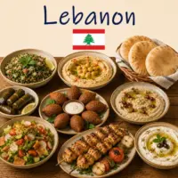 Lebanese Cuisine with hummus tabbouleh kebabs mezze dishes and traditional Lebanese food on a rustic wooden table with a Lebanese flag
