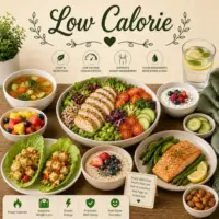 Low Calorie Recipes with healthy meals fresh vegetables lean proteins and nutritious low-calorie dishes on a rustic wooden table