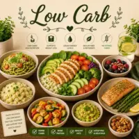 Low Carb Recipes with healthy meals lean proteins fresh vegetables and flavorful low-carbohydrate dishes on a rustic wooden table