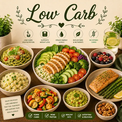 Low Carb Recipes with healthy meals lean proteins fresh vegetables and flavorful low-carbohydrate dishes on a rustic wooden table
