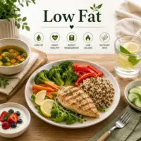 Low Fat Recipes with healthy meals lean proteins fresh vegetables and lighter dishes on a rustic wooden table