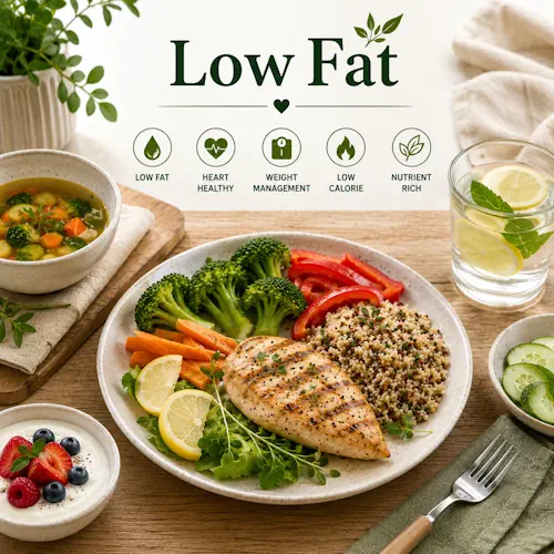 Low Fat Recipes with healthy meals lean proteins fresh vegetables and lighter dishes on a rustic wooden table