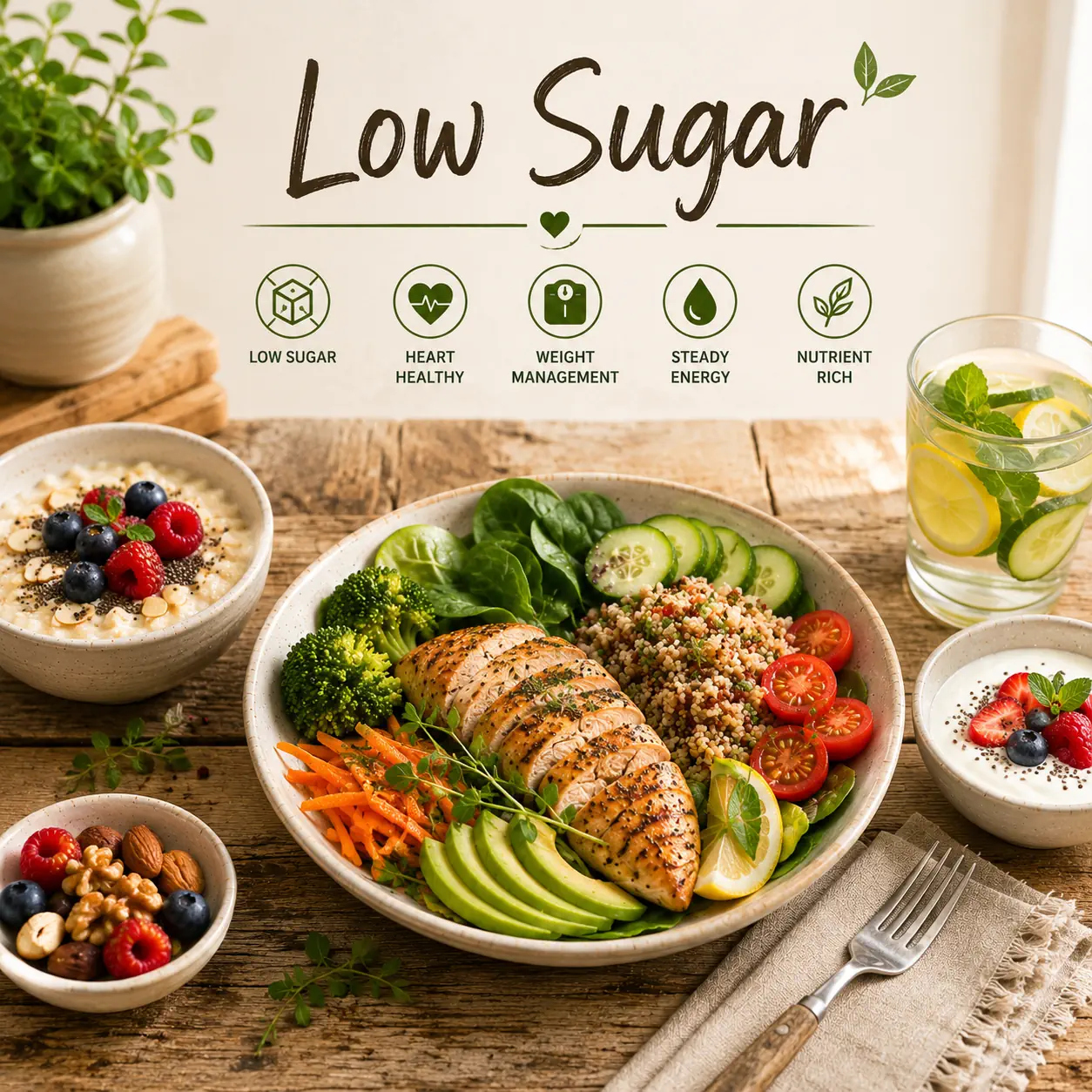 Low Sugar Recipes with healthy meals fresh ingredients lighter desserts and reduced sugar dishes on a rustic wooden table