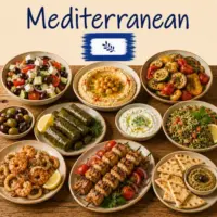 Mediterranean Cuisine with seafood vegetables olives herbs and traditional regional dishes on a rustic wooden table