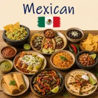 Mexican Recipes with tacos enchiladas tamales and traditional Mexican dishes on a rustic wooden table