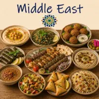 Middle Eastern Cuisine with hummus kebabs mezze dishes and traditional regional specialties on a rustic wooden table