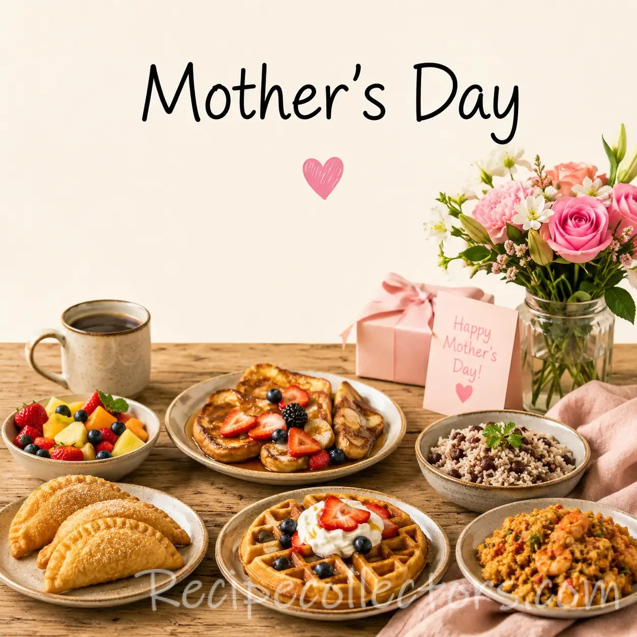 Mother's Day Recipes with brunch favorites elegant desserts afternoon tea treats and family celebration dishes on a rustic wooden table