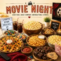 Movie Night Recipes with finger foods sharing platters snacks sweet treats and comfort food on a rustic wooden table