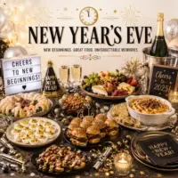 New Year's Eve Recipes with party foods elegant appetizers festive desserts and celebration dishes on a rustic wooden table