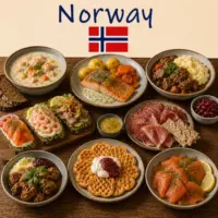 Norwegian Cuisine with salmon seafood specialties traditional Scandinavian dishes and Norwegian favorites on a rustic wooden table with a Norwegian flag