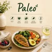 Paleo Recipes with whole-food meals grain-free dishes fresh vegetables and healthy family dinners on a rustic wooden table