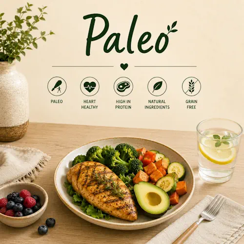 Paleo Recipes with whole-food meals grain-free dishes fresh vegetables and healthy family dinners on a rustic wooden table