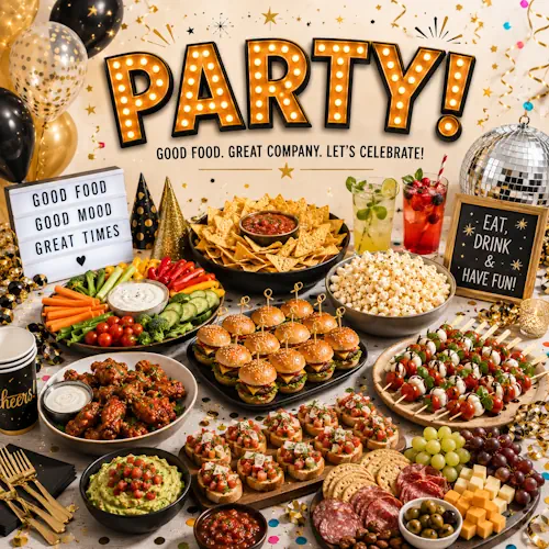 Party food recipes with homemade party food on a rustic wooden table