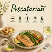 Pescatarian Recipes with fresh seafood healthy vegetables nutritious meals and colorful family dishes on a rustic wooden table
