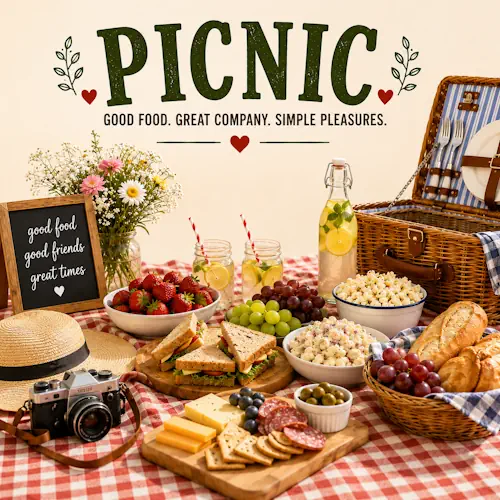 Picnic Recipes with sandwiches salads portable snacks refreshing treats and outdoor dining favorites on a rustic wooden table