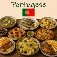 Portuguese Cuisine with bacalhau seafood specialties pastries and traditional Portuguese dishes on a rustic wooden table with a Portuguese flag