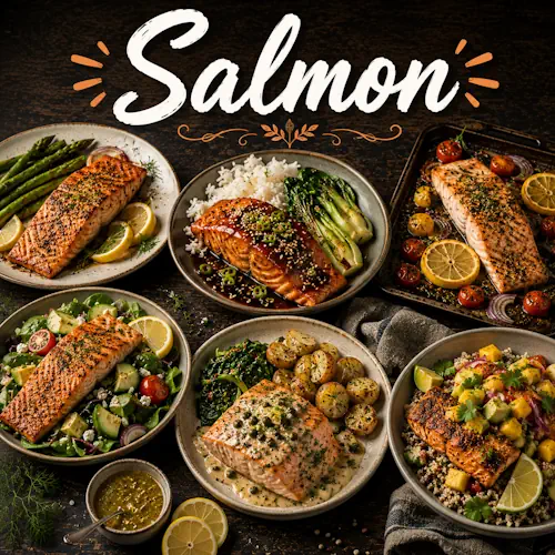 Salmon Recipes with homemade salmon dishes on a rustic wooden table