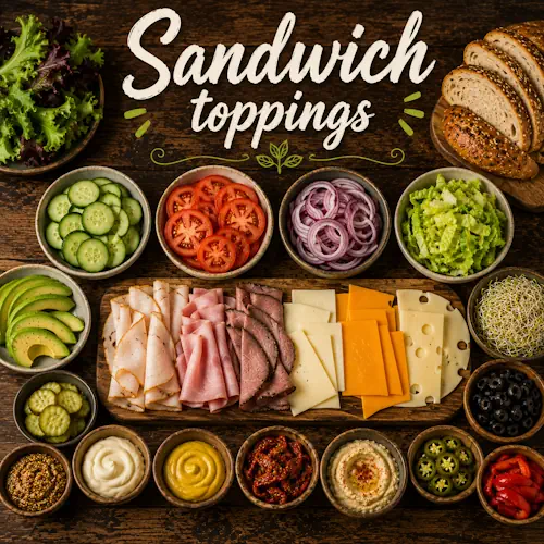 Sandwich Topping Recipes with homemade sandwich toppings on a rustic wooden table