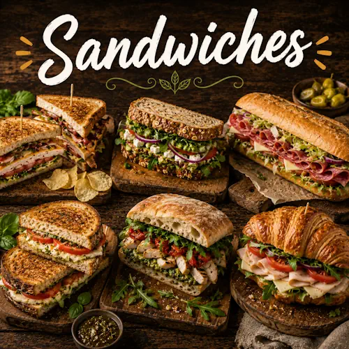 Sandwich Recipes with homemade sandwich dishes on a rustic wooden table