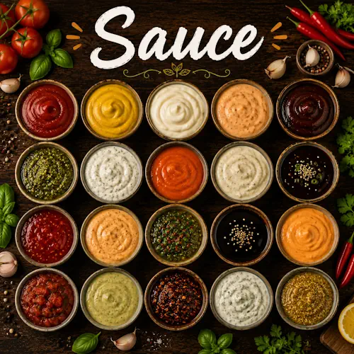 Sauce Recipes with homemade sauce dishes on a rustic wooden table