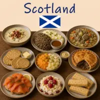 Scottish Recipes with haggis smoked salmon hearty soups and traditional Scottish dishes on a rustic wooden table with a Scottish flag