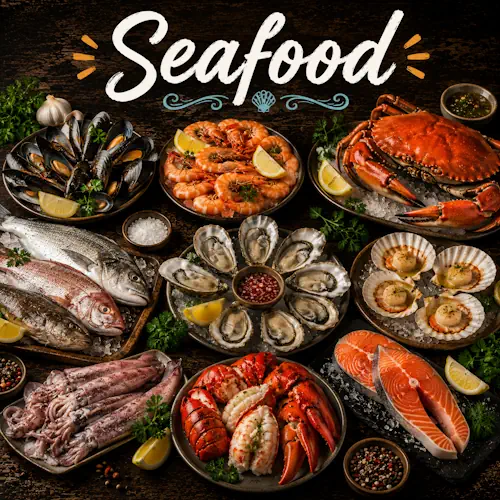 Seafood Recipes with homemade seafood dishes on a rustic wooden table