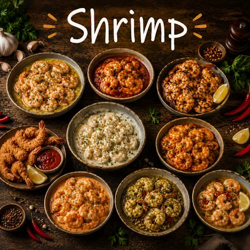 Shrimp Recipes with homemade shrimp dishes on a rustic wooden table